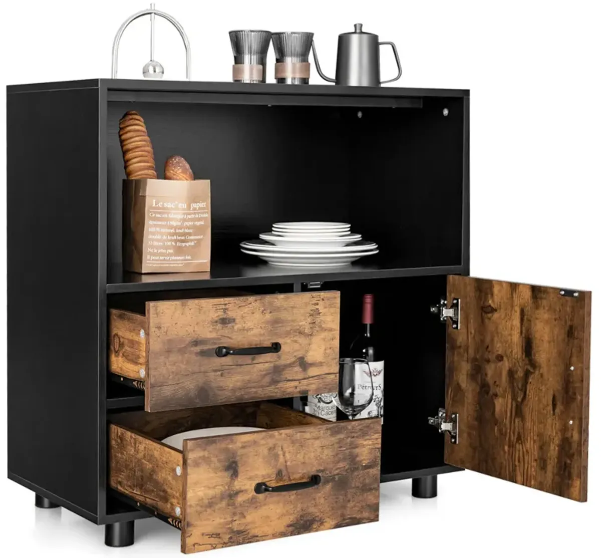 Kitchen Storage Buffet Sideboard with Wine Rack and Glass Holder-Black