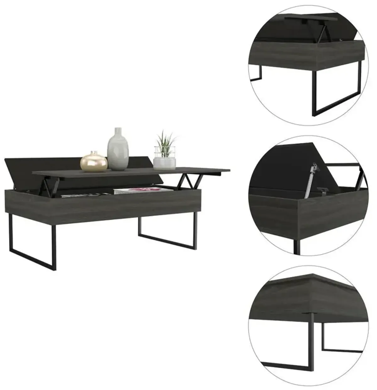 DEPOT E-SHOP Osaka Lift Top Coffee Table, Two Legs, Two Flexible Shelves, Countertop, Espresso/Black, For Living Room