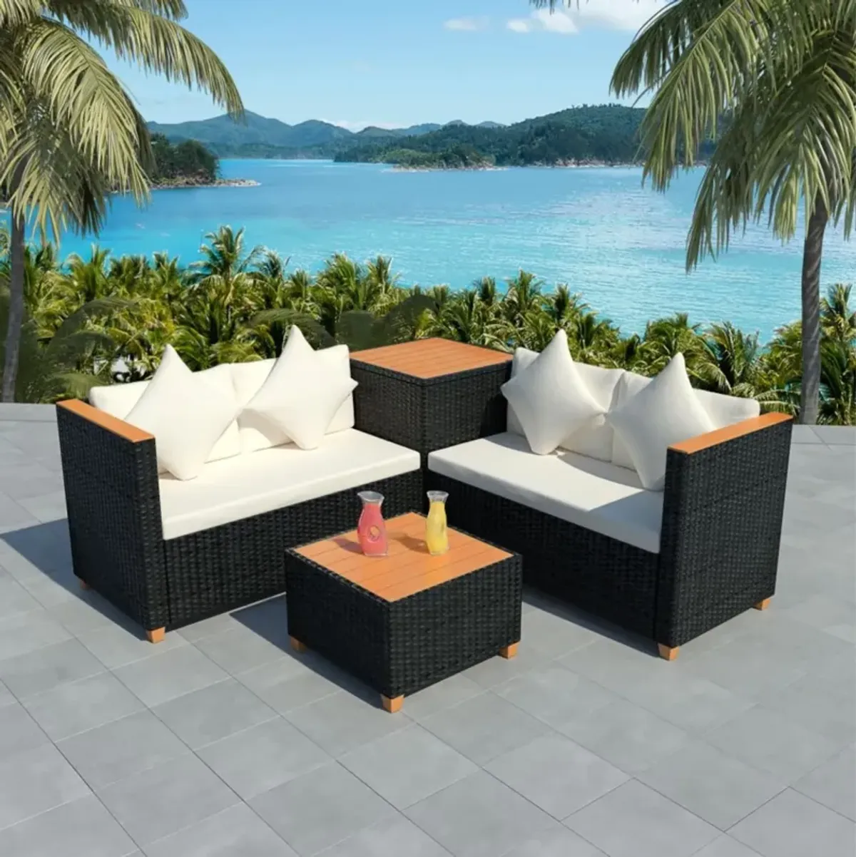 vidaXL 4 Piece Garden Lounge Set with Cushions Poly Rattan Black