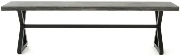 Romita Outdoor Dining Bench, X Shape Legs, Gray Metal, Black Steel, 63 Inch - Benzara