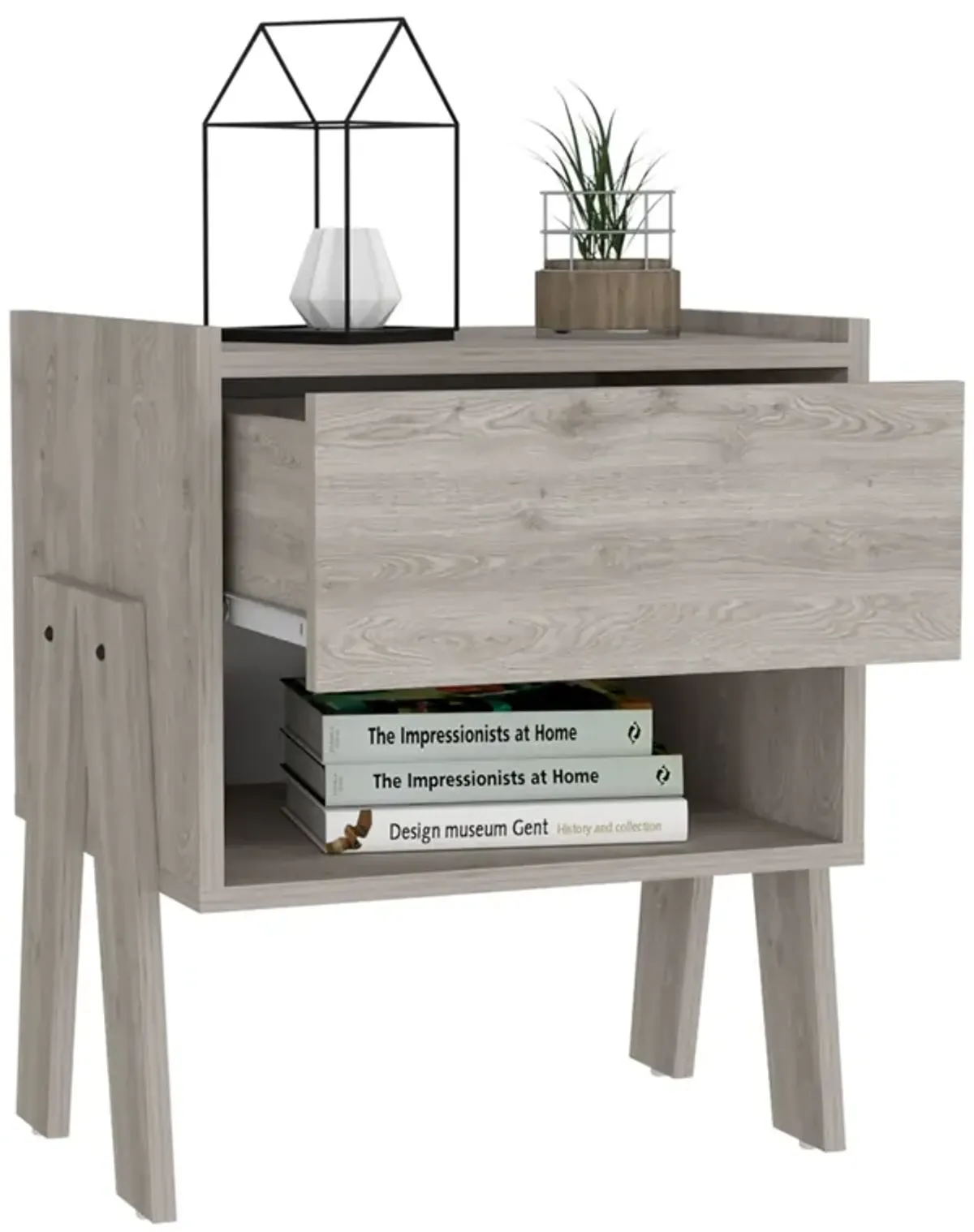 Joy Nightstand, Four Legs, One Open Shelf, One Drawer - Light Gray