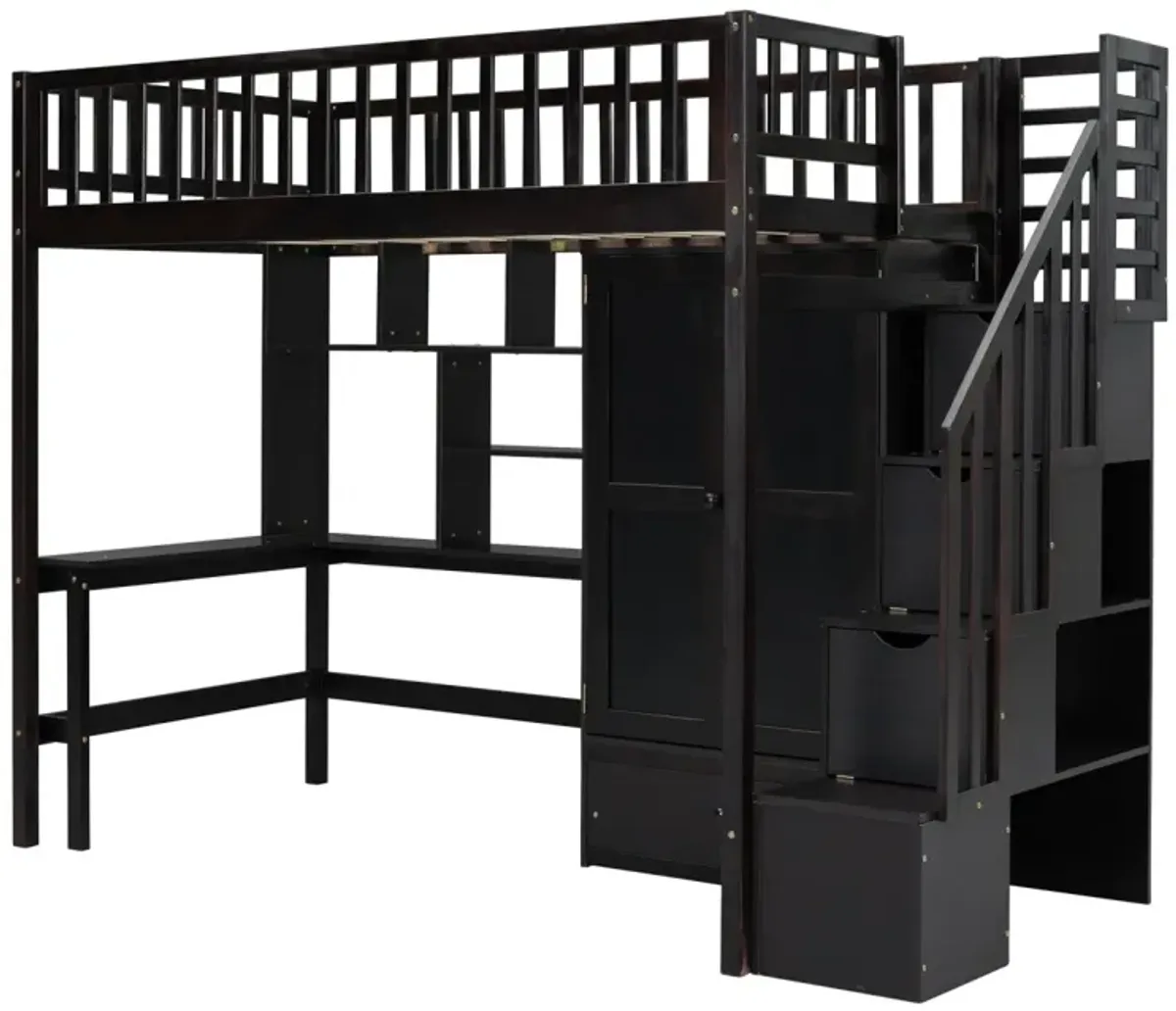 Twin Size Loft Bed With Bookshelf, Drawers, Desk, And Wardrobe Espresso