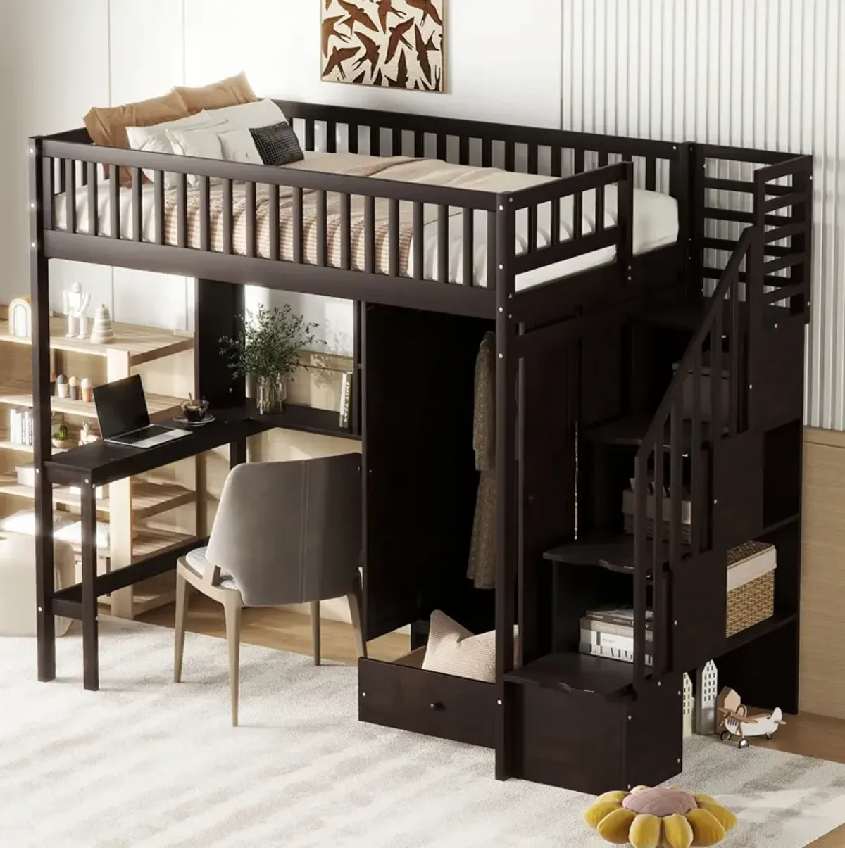 Twin Size Loft Bed With Bookshelf, Drawers, Desk, And Wardrobe Espresso