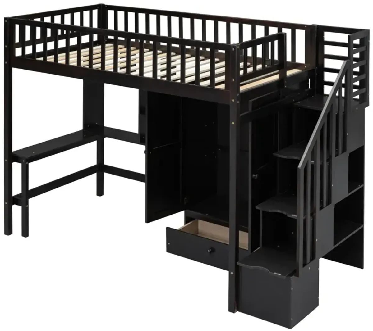 Twin Size Loft Bed With Bookshelf, Drawers, Desk, And Wardrobe Espresso