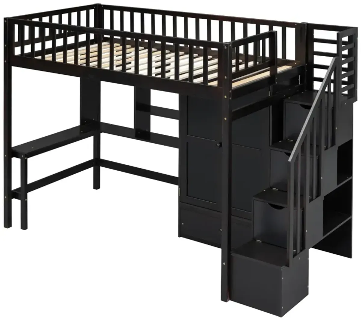 Twin Size Loft Bed With Bookshelf, Drawers, Desk, And Wardrobe Espresso