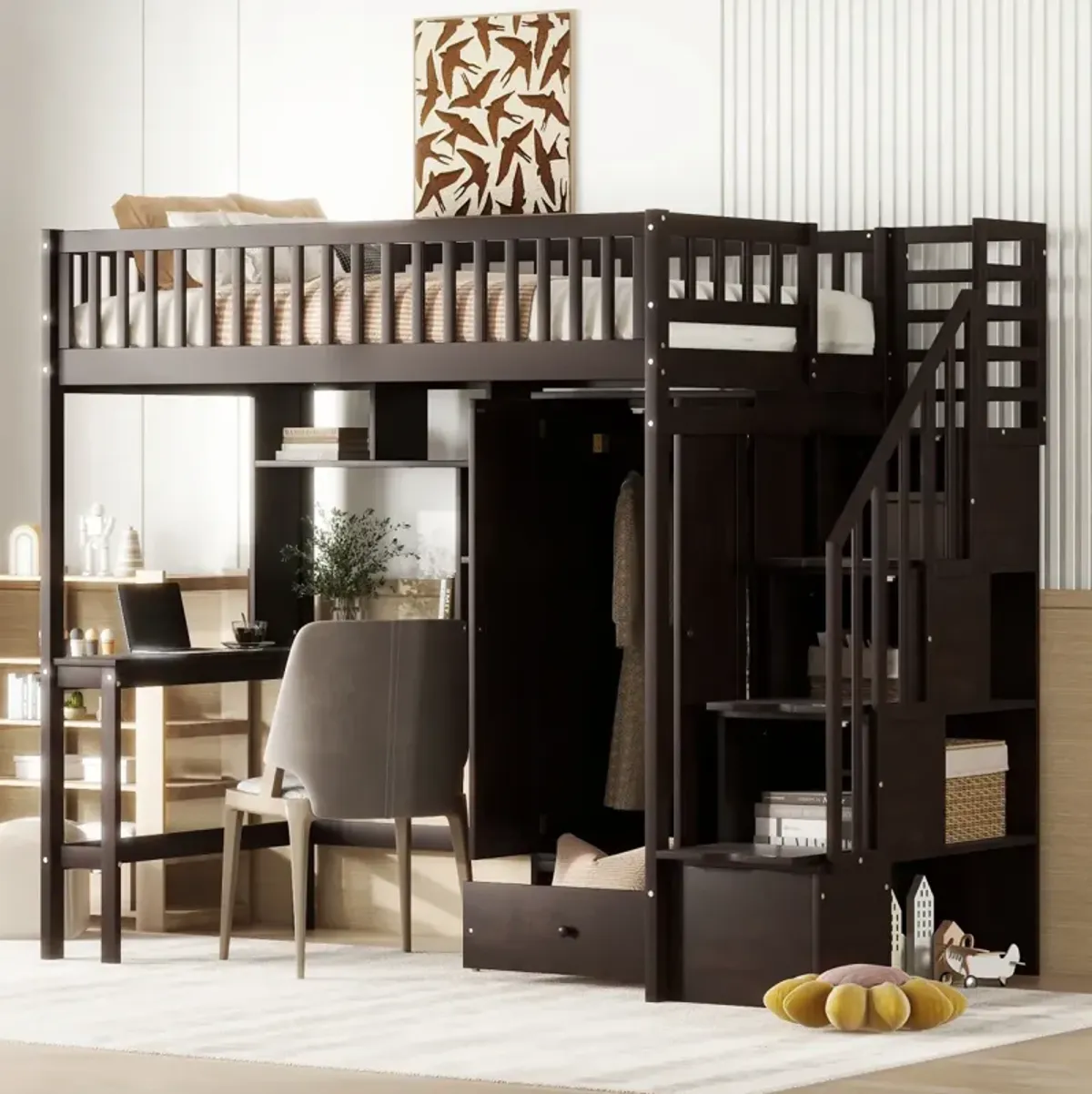 Twin Size Loft Bed With Bookshelf, Drawers, Desk, And Wardrobe Espresso