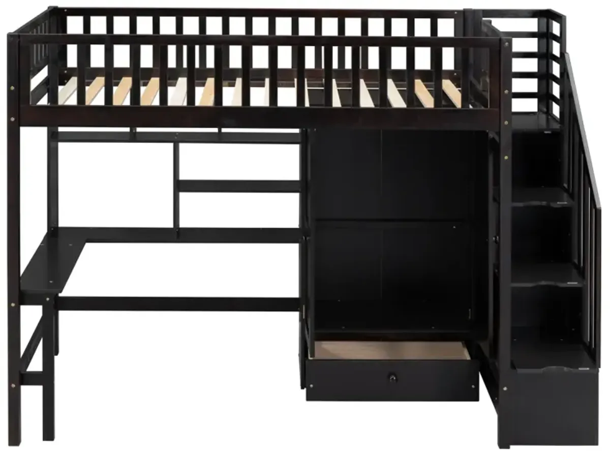 Twin Size Loft Bed With Bookshelf, Drawers, Desk, And Wardrobe Espresso