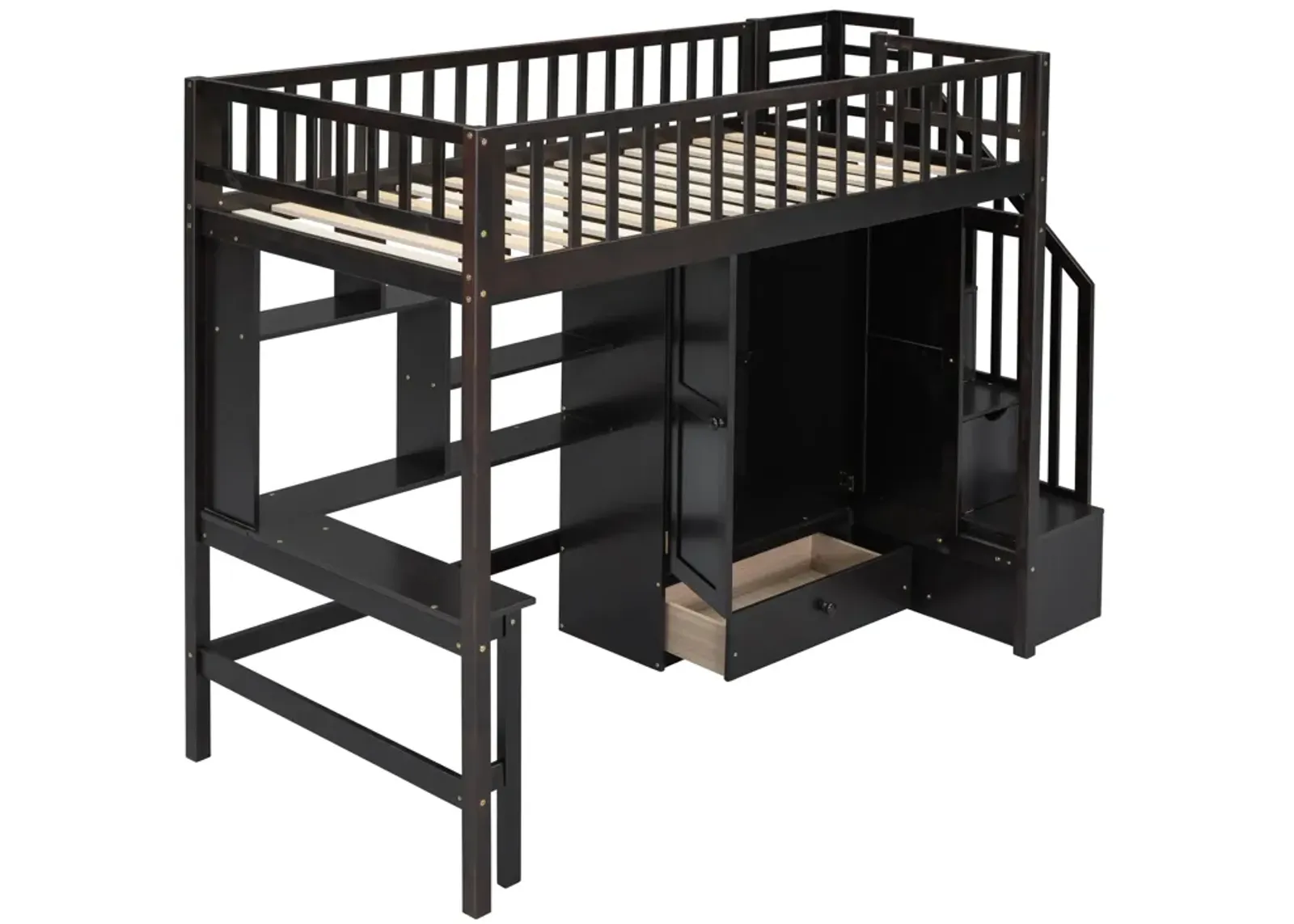 Twin Size Loft Bed With Bookshelf, Drawers, Desk, And Wardrobe Espresso