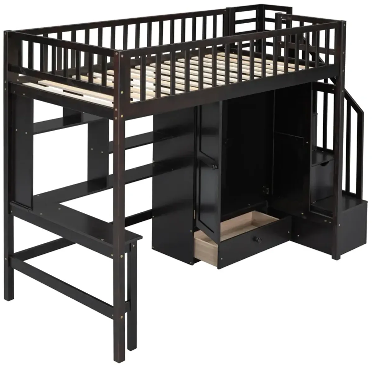 Twin Size Loft Bed With Bookshelf, Drawers, Desk, And Wardrobe Espresso