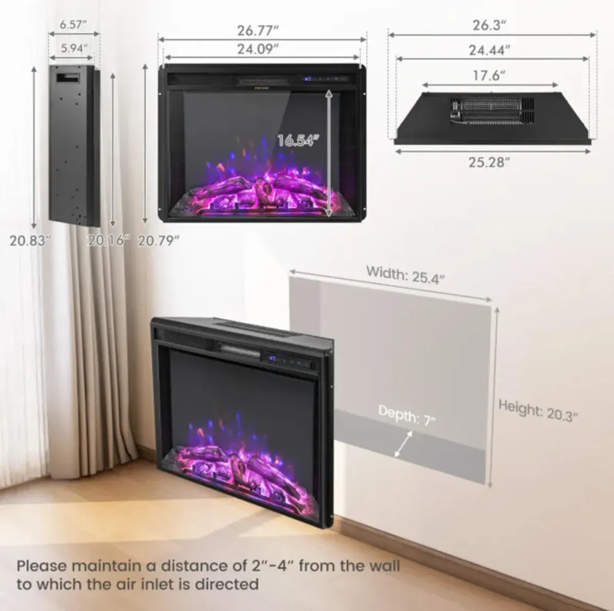 Hivvago 26 Inch Recessed Electric Fireplace with Adjustable Flame Brightness