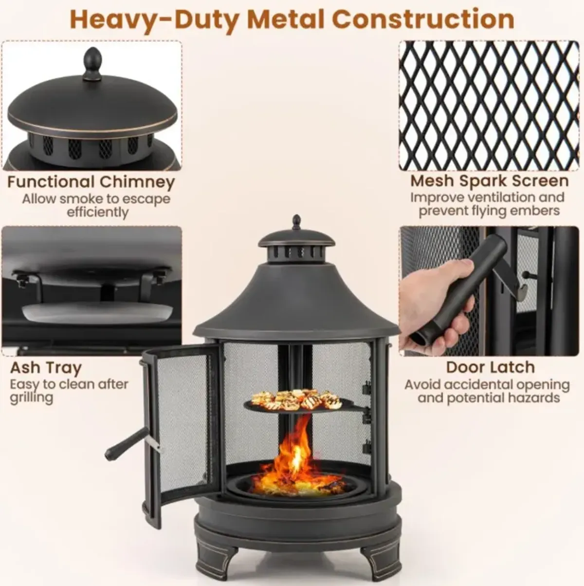 Hivvago 30 Inch Outdoor Fire Pit Chiminea with Grill for Garden BBQ