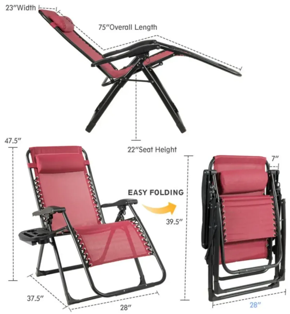 Hivvago Oversize Lounge Chair Patio Heavy Duty Folding Recliner