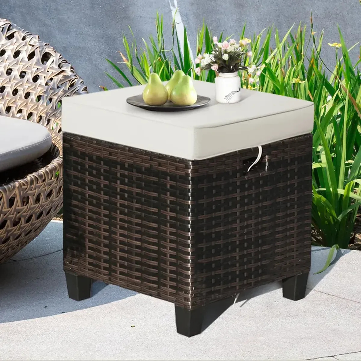 2 Pieces Patio Rattan Ottoman Set with Removable Cushions