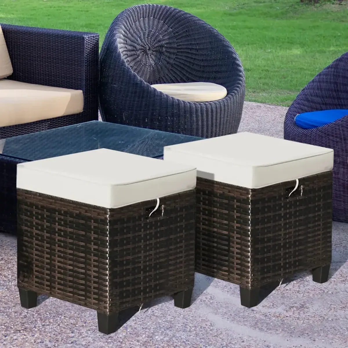 2 Pieces Patio Rattan Ottoman Set with Removable Cushions