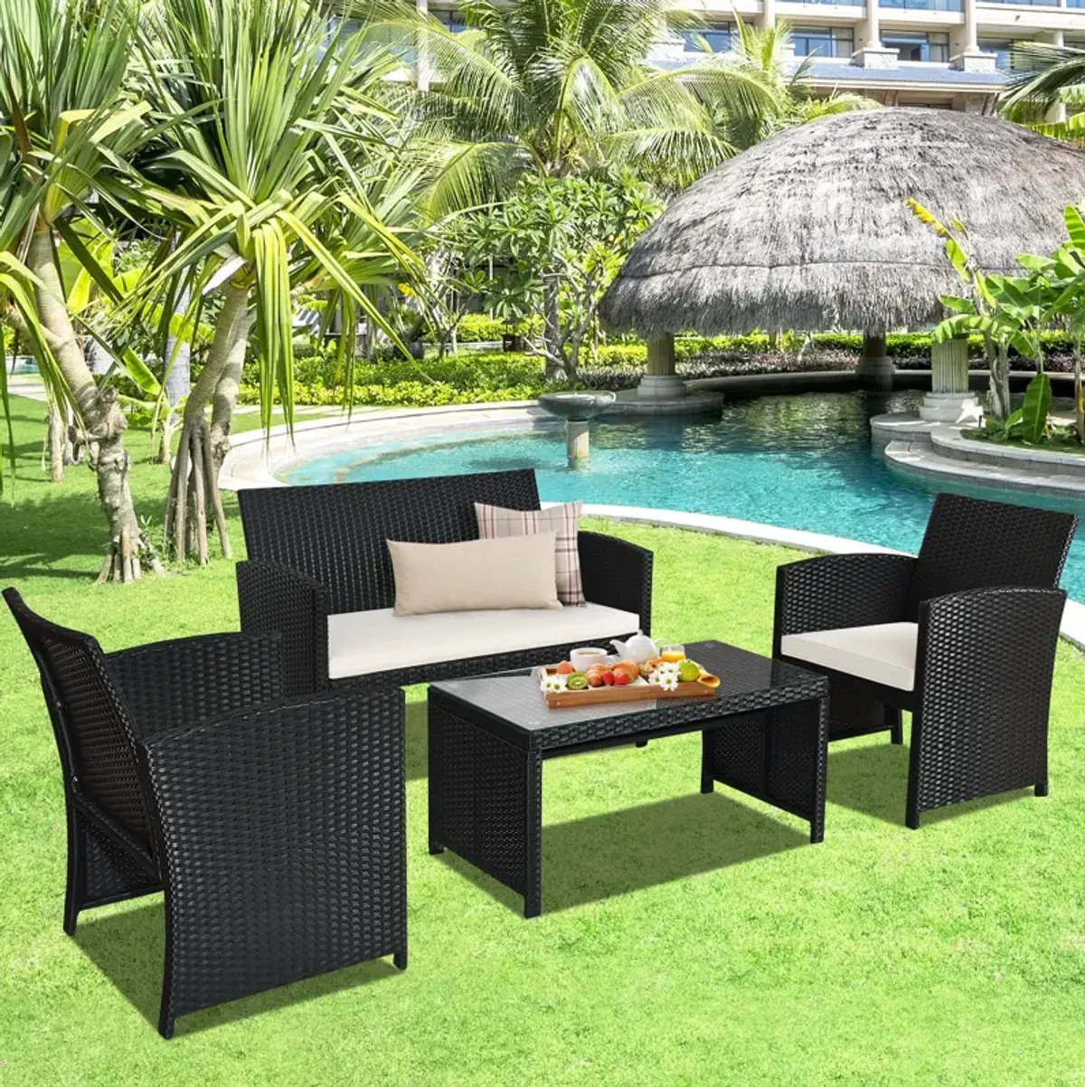 4 Pieces Rattan Patio Furniture Set with Weather Resistant Cushions and Tempered Glass Tabletop