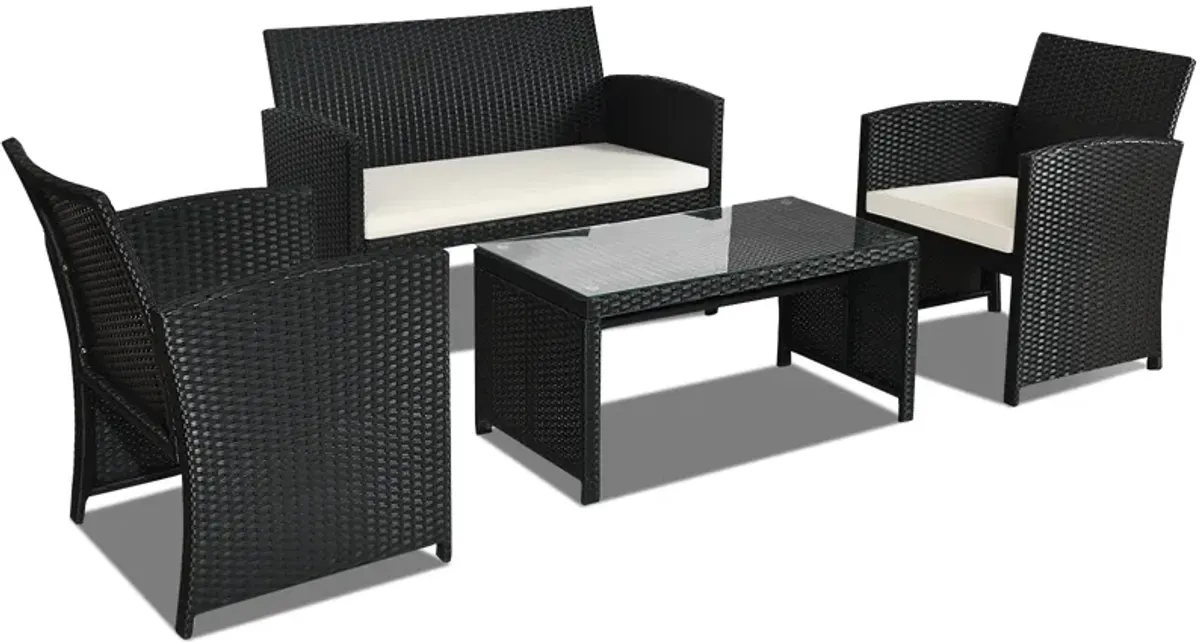 4 Pieces Rattan Patio Furniture Set with Weather Resistant Cushions and Tempered Glass Tabletop