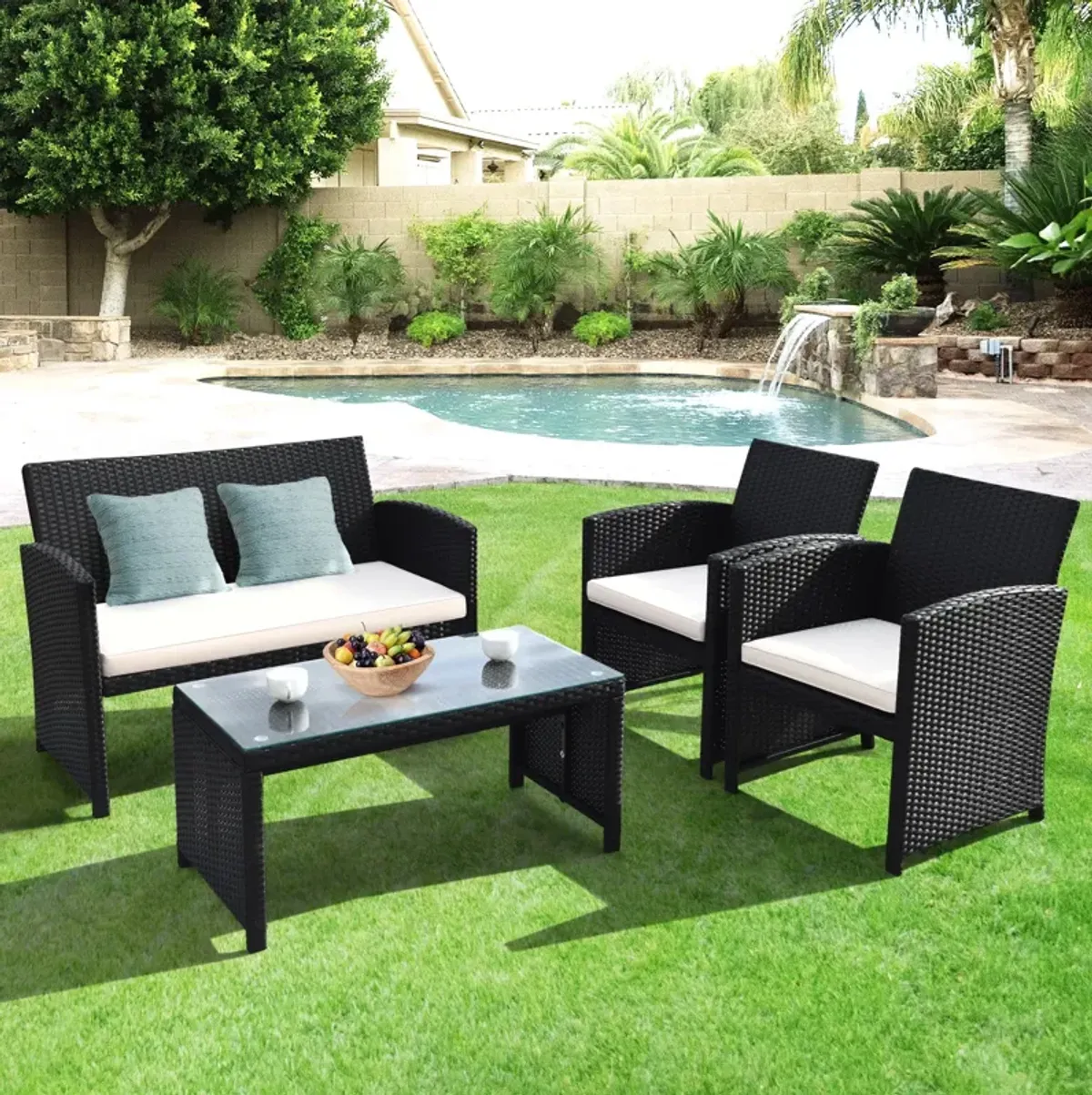 4 Pieces Rattan Patio Furniture Set with Weather Resistant Cushions and Tempered Glass Tabletop