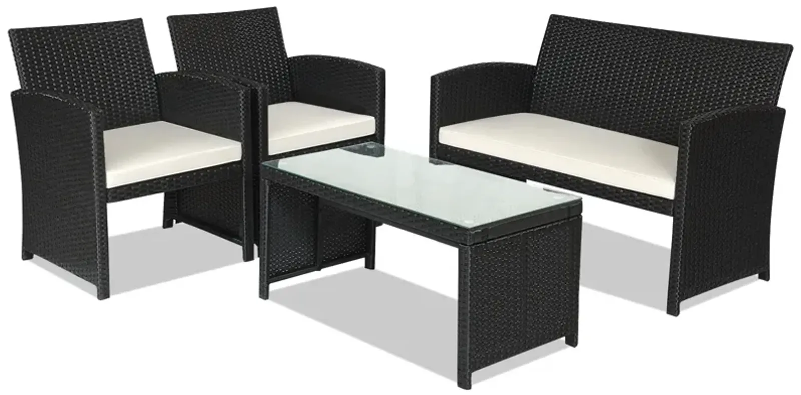 4 Pieces Rattan Patio Furniture Set with Weather Resistant Cushions and Tempered Glass Tabletop