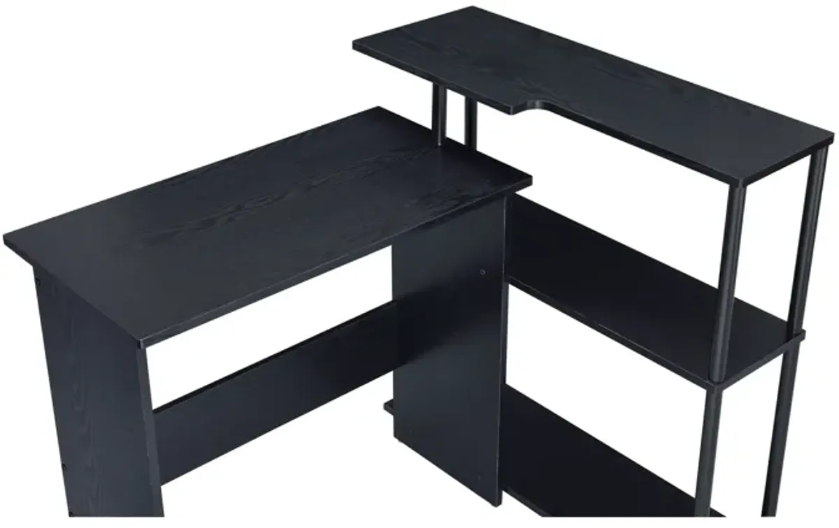 Writing Desk with L Shaped Design and 3 Tier Wooden Shelves, Black-Benzara