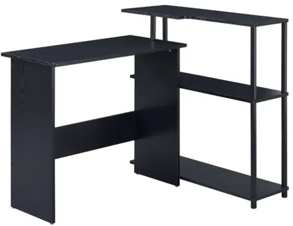 Writing Desk with L Shaped Design and 3 Tier Wooden Shelves, Black - Benzara