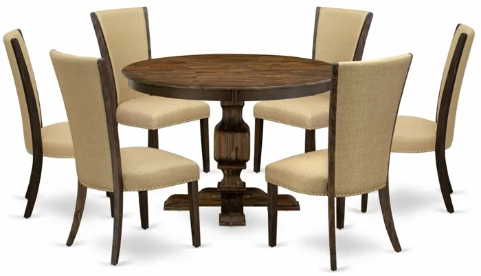 East West Furniture F3VE7-703 7Pc Dining Set - Round Table and 6 Parson Chairs - Distressed Jacobean Color