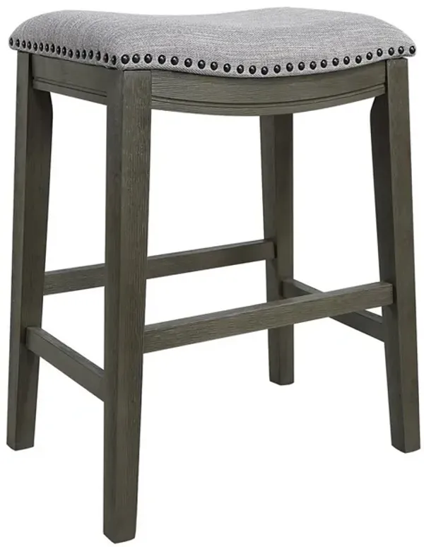 Ani 25 Inch Counter Stool Set of 2, Soft Faux Leather Saddle Seat, Gray - Benzara