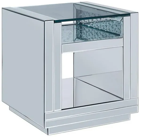 Wood and Mirror End Table with Studded Faux Crystals, Clear-Benzara