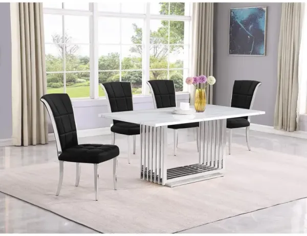 5pc Small(68") marble top dining set with silver base and 4 Black side chairs