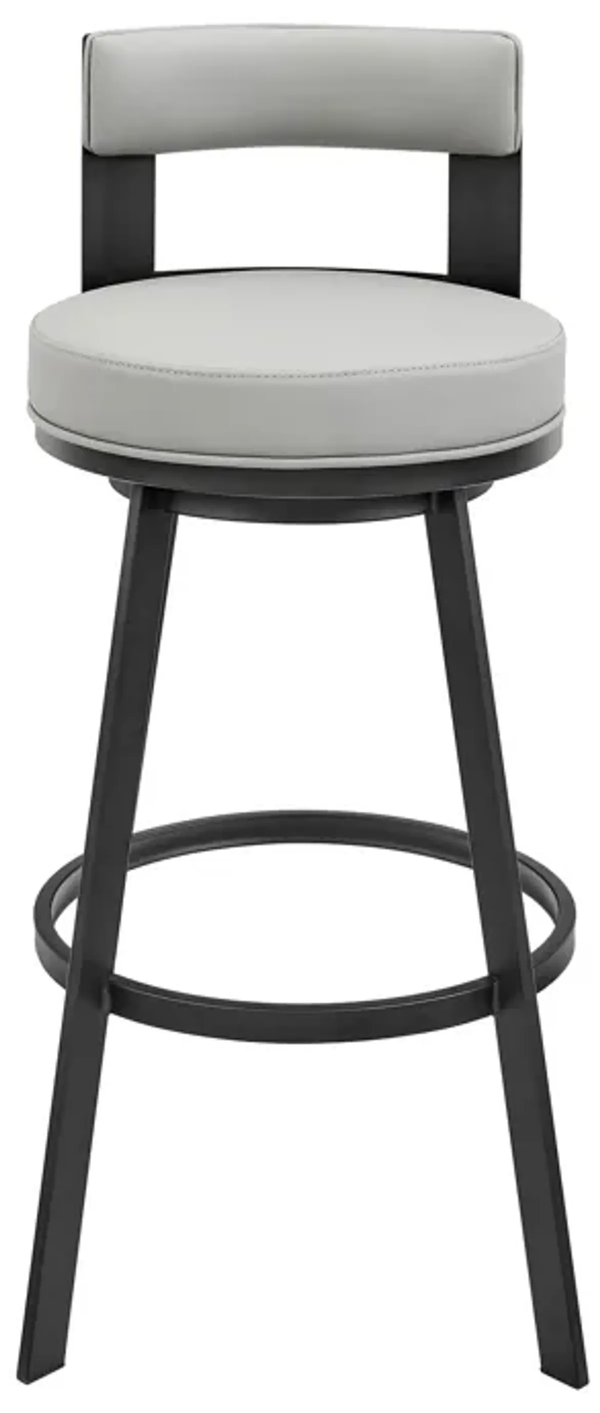 Ami 30 Inch Swivel Barstool Chair, Gray Faux Leather, Black Iron Frame - Benzara