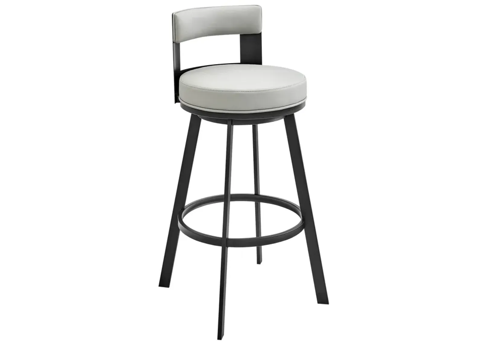 Ami 30 Inch Swivel Barstool Chair, Gray Faux Leather, Black Iron Frame - Benzara