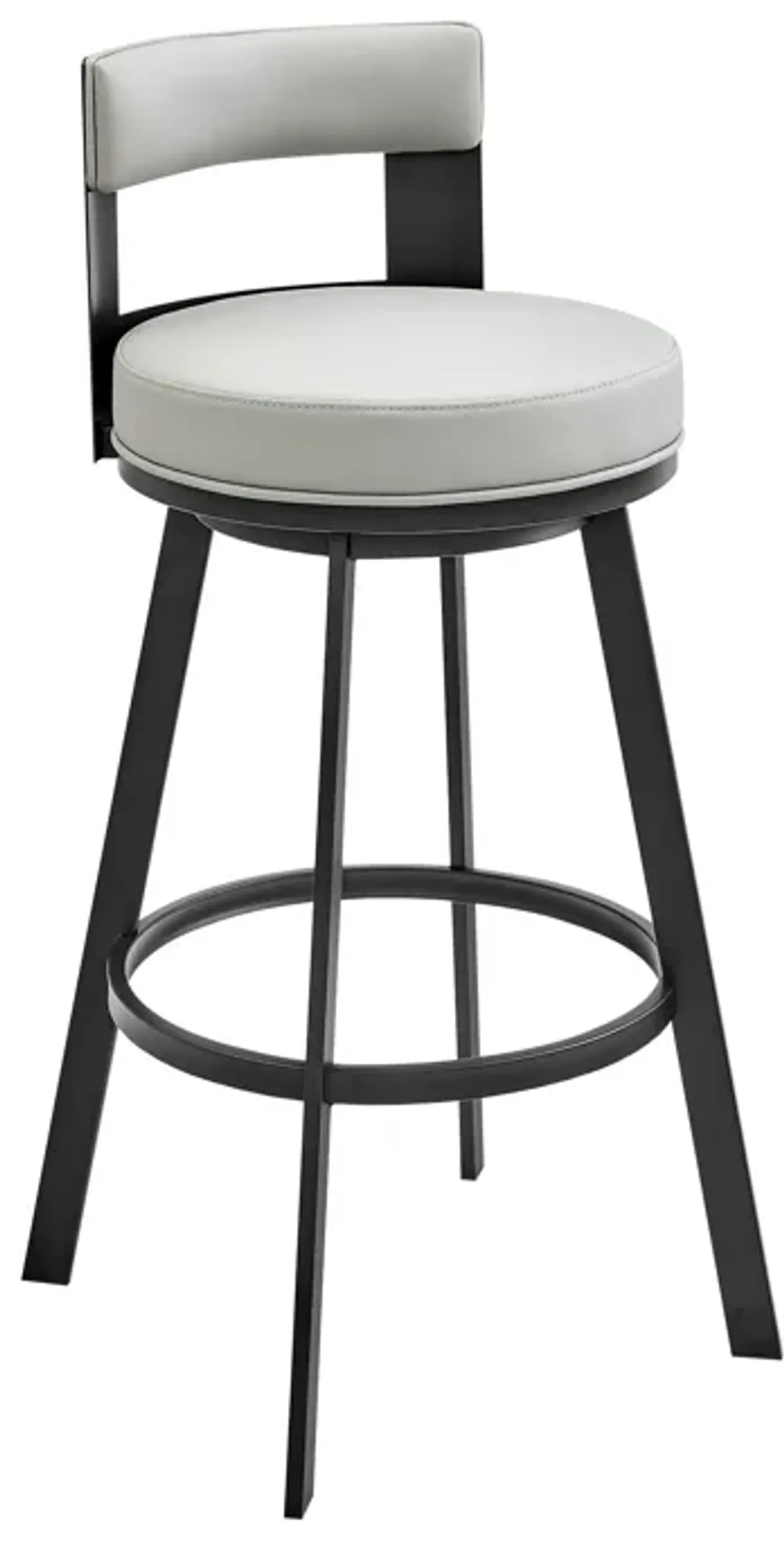 Ami 30 Inch Swivel Barstool Chair, Gray Faux Leather, Black Iron Frame - Benzara