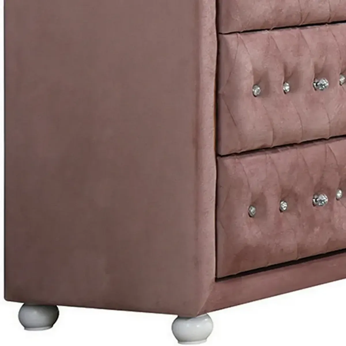 Rex 40 Inch Modern Upholstered Dresser, 6 Drawers, Crystal Handles, Pink-Benzara