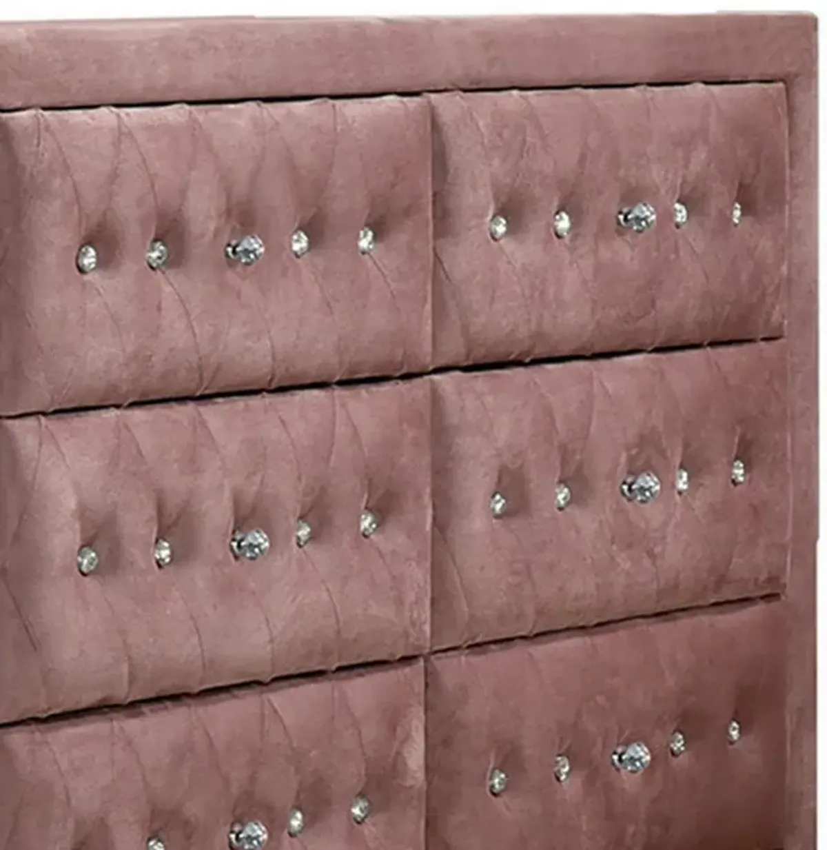 Rex 40 Inch Modern Upholstered Dresser, 6 Drawers, Crystal Handles, Pink-Benzara