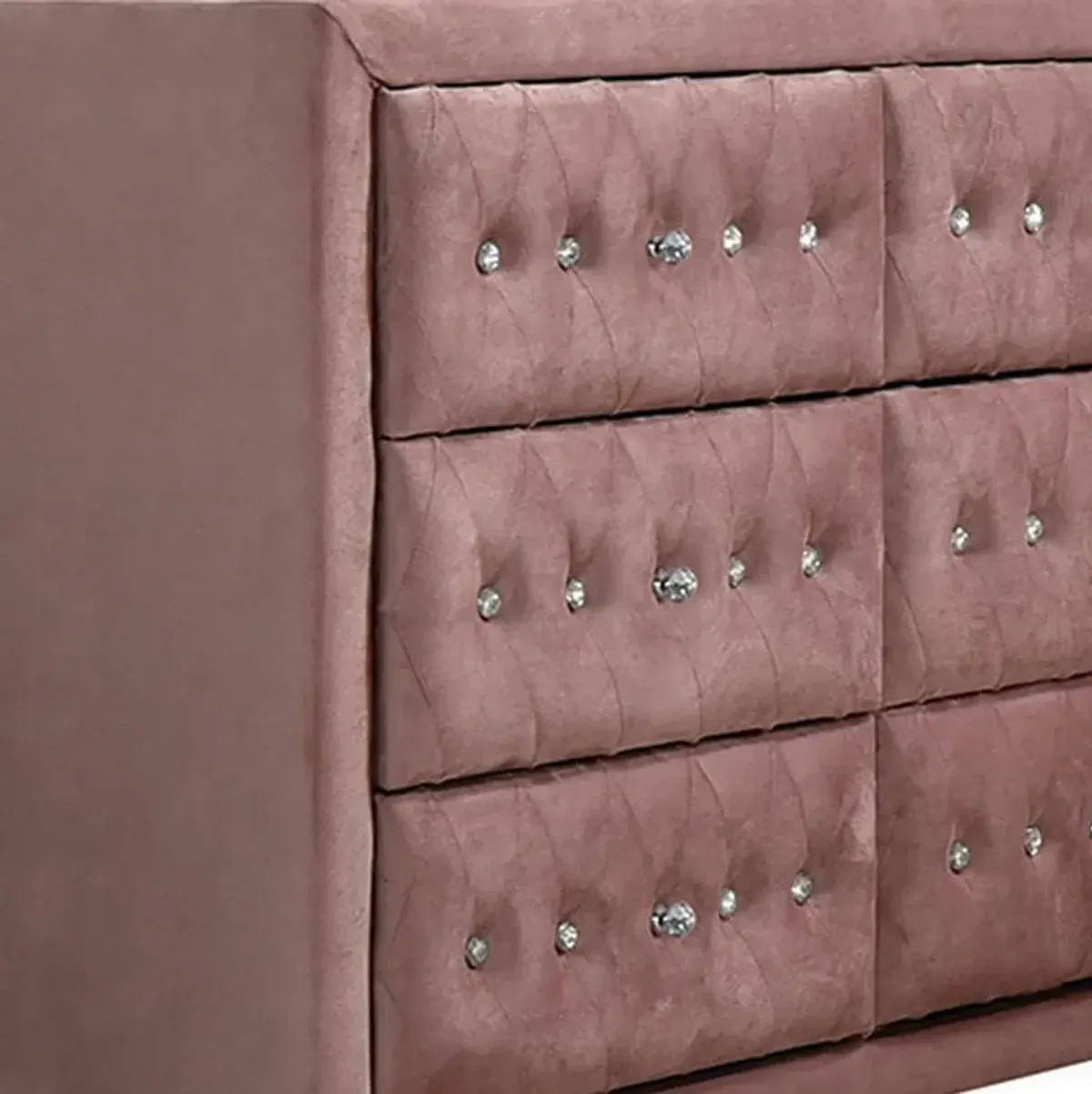 Rex 40 Inch Modern Upholstered Dresser, 6 Drawers, Crystal Handles, Pink-Benzara