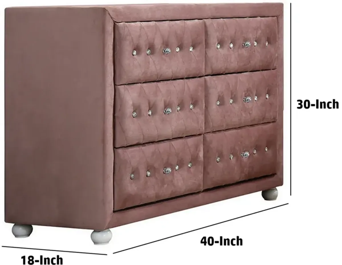 Rex 40 Inch Modern Upholstered Dresser, 6 Drawers, Crystal Handles, Pink-Benzara