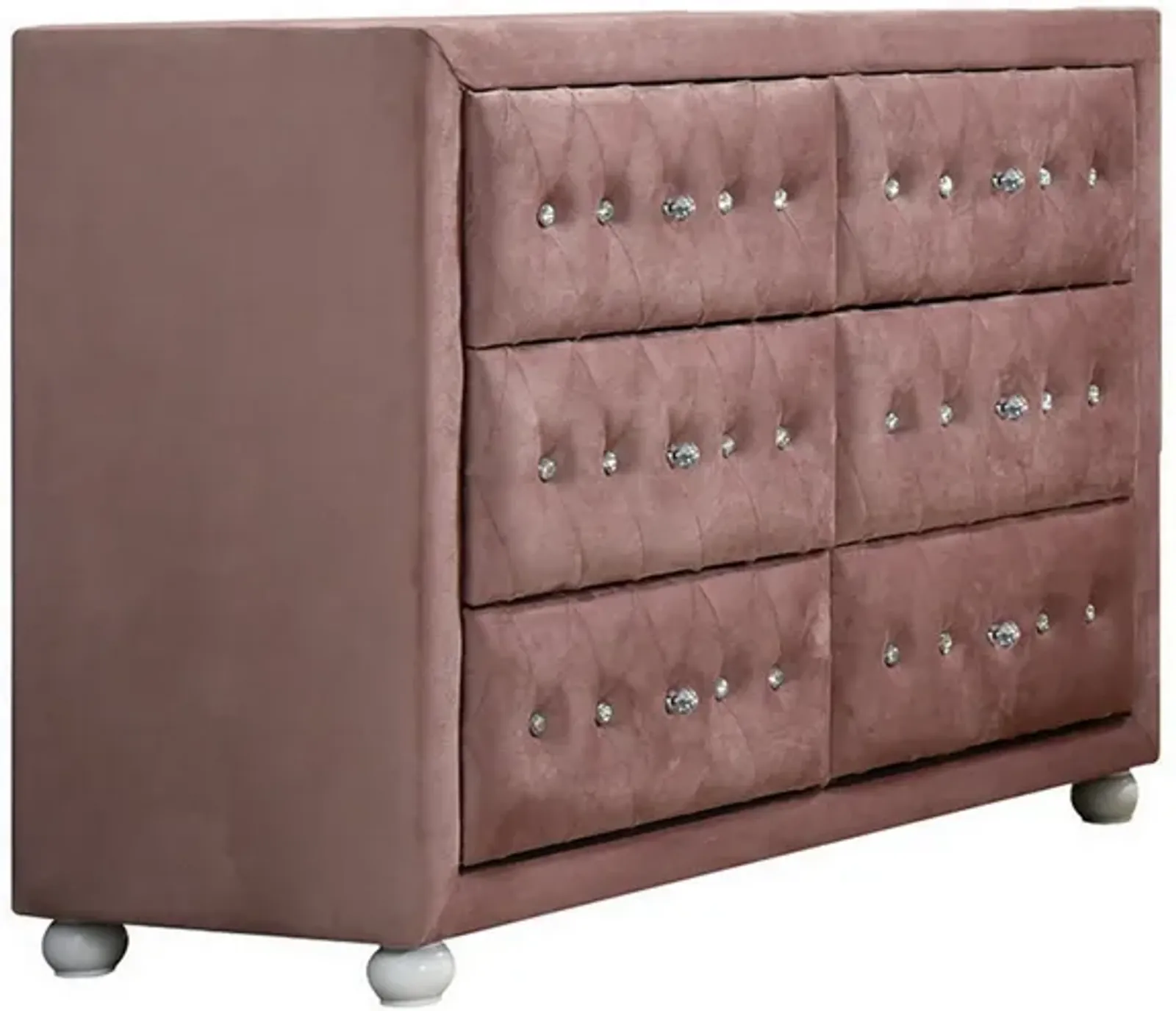 Rex 40 Inch Modern Upholstered Dresser, 6 Drawers, Crystal Handles, Pink-Benzara