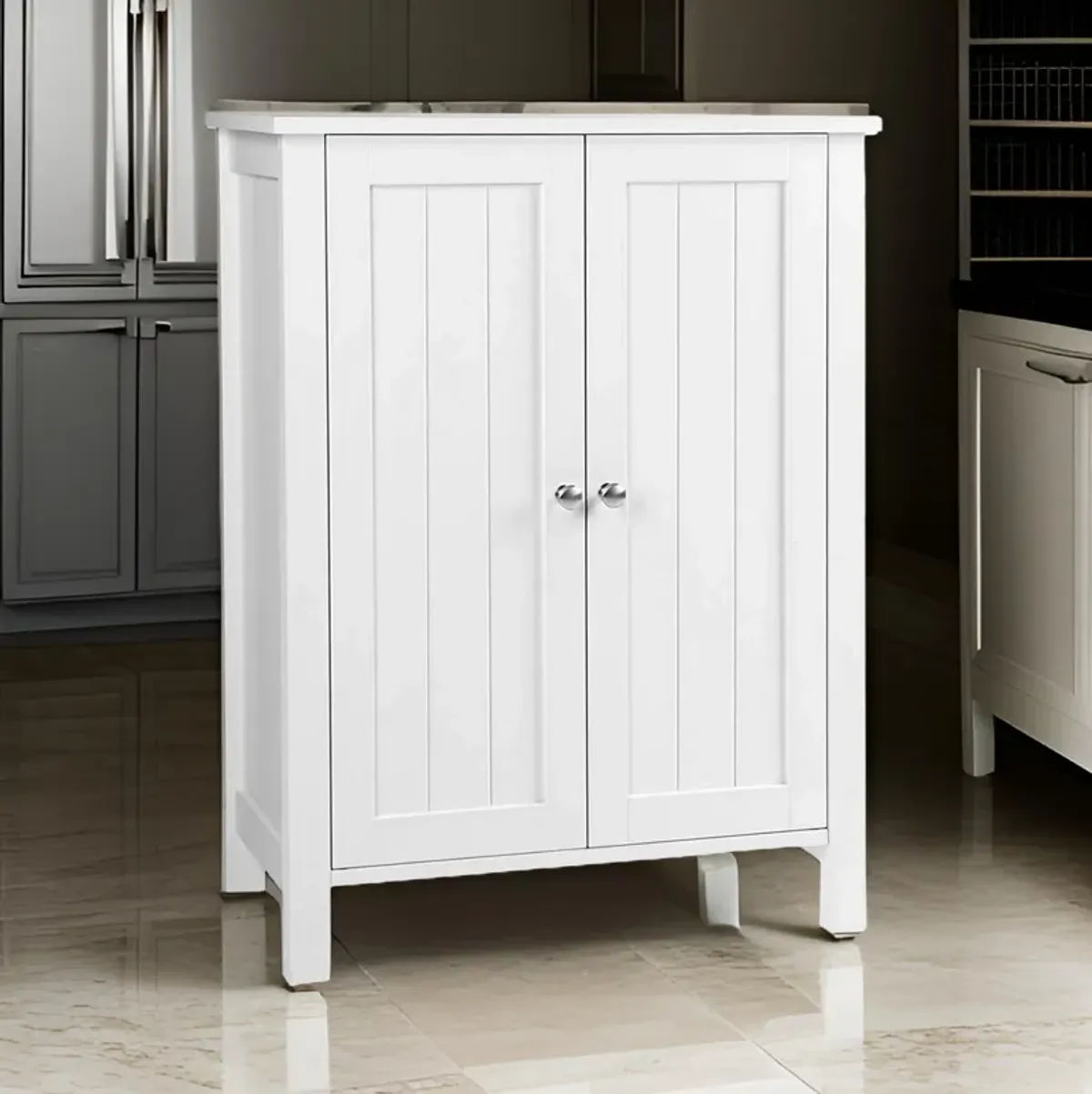 Deavan 31 Inch Wood Bathroom Storage Cabinet, 2 Doors, Plank Style, White - Benzara