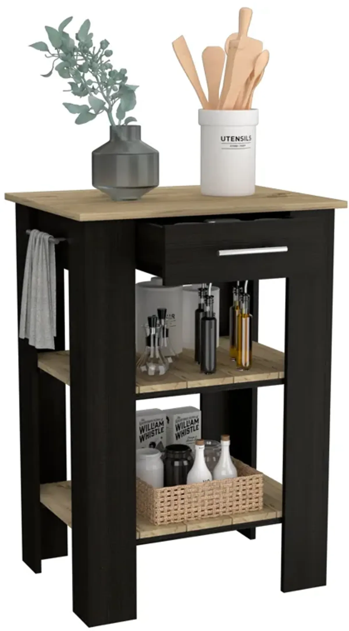 Kitchen Island 37" H, 2-Open Storage Shelves, 1-Drawer, Towel Hanger, Black / Light Oak