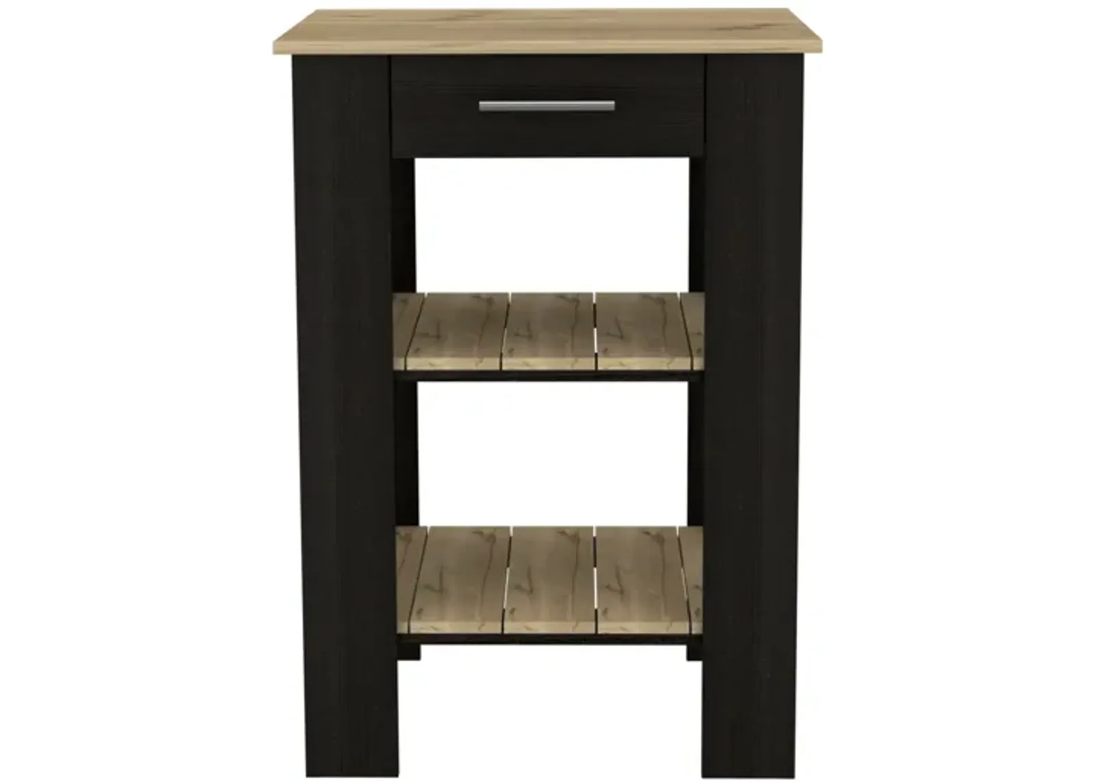 Kitchen Island 37" H, 2-Open Storage Shelves, 1-Drawer, Towel Hanger, Black / Light Oak