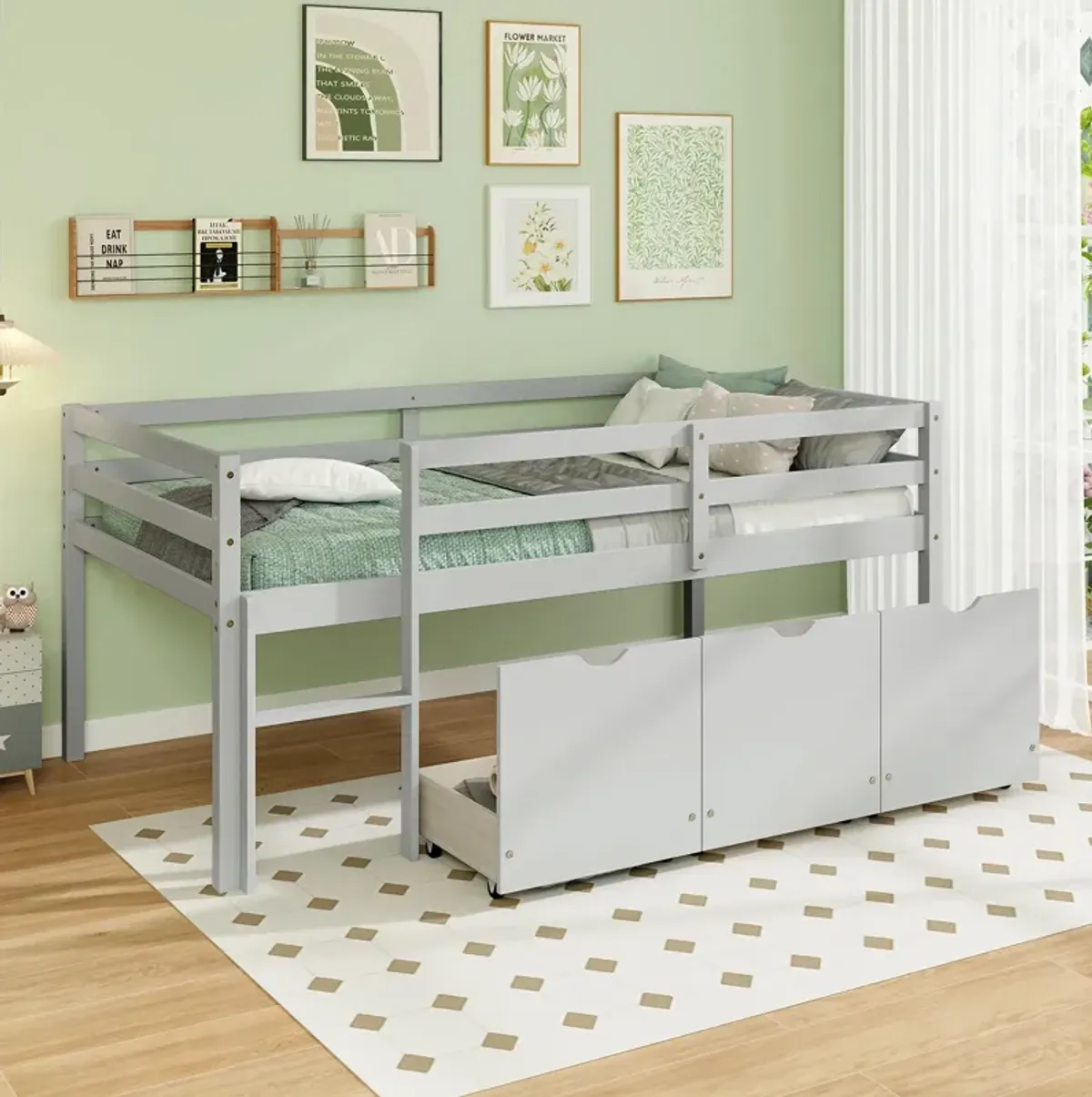 Twin Size Low Loft Bed with 3 Drawers with Ladder and Full-length Guardrails