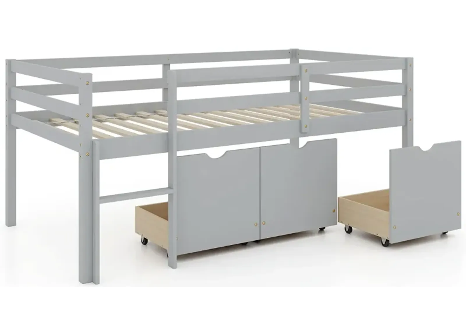 Twin Size Low Loft Bed with 3 Drawers with Ladder and Full-length Guardrails