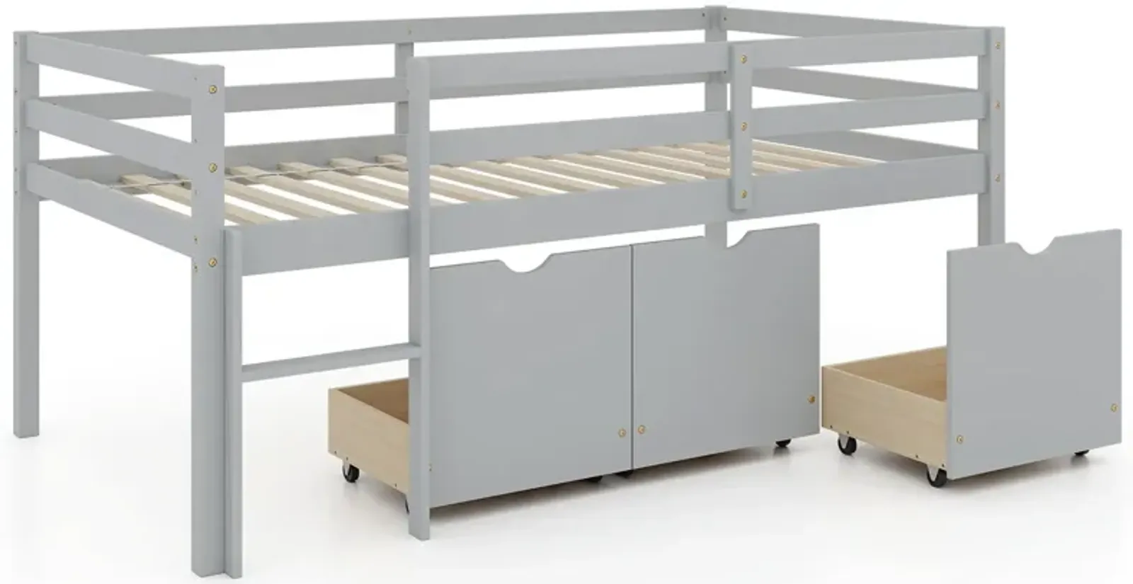 Twin Size Low Loft Bed with 3 Drawers with Ladder and Full-length Guardrails