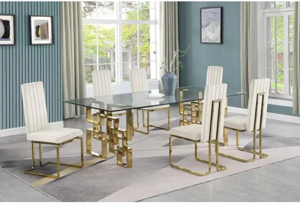 7-piece glam dining set with 6 Cream chairs and 95" glass  table