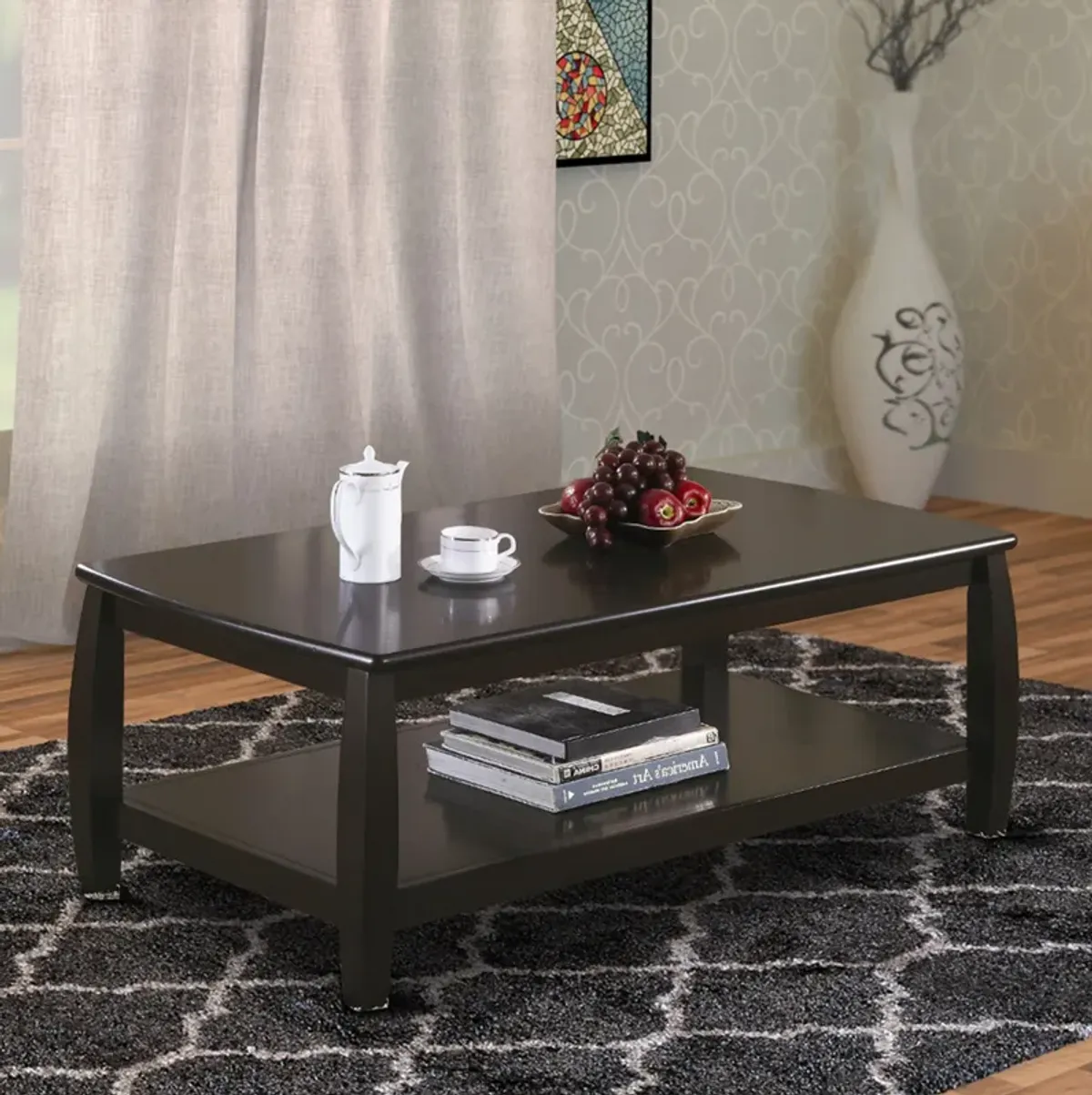 Contemporary Style Wooden Coffee Table With Slightly Rounded Shape, Dark Brown-Benzara