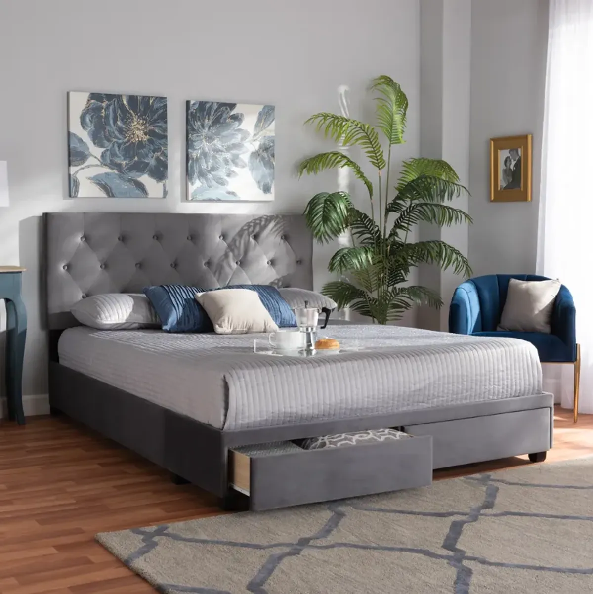 Baxton Studio Caronia Modern and Contemporary Navy Blue Velvet Fabric Upholstered 2-Drawer Queen Size Platform Storage Bed