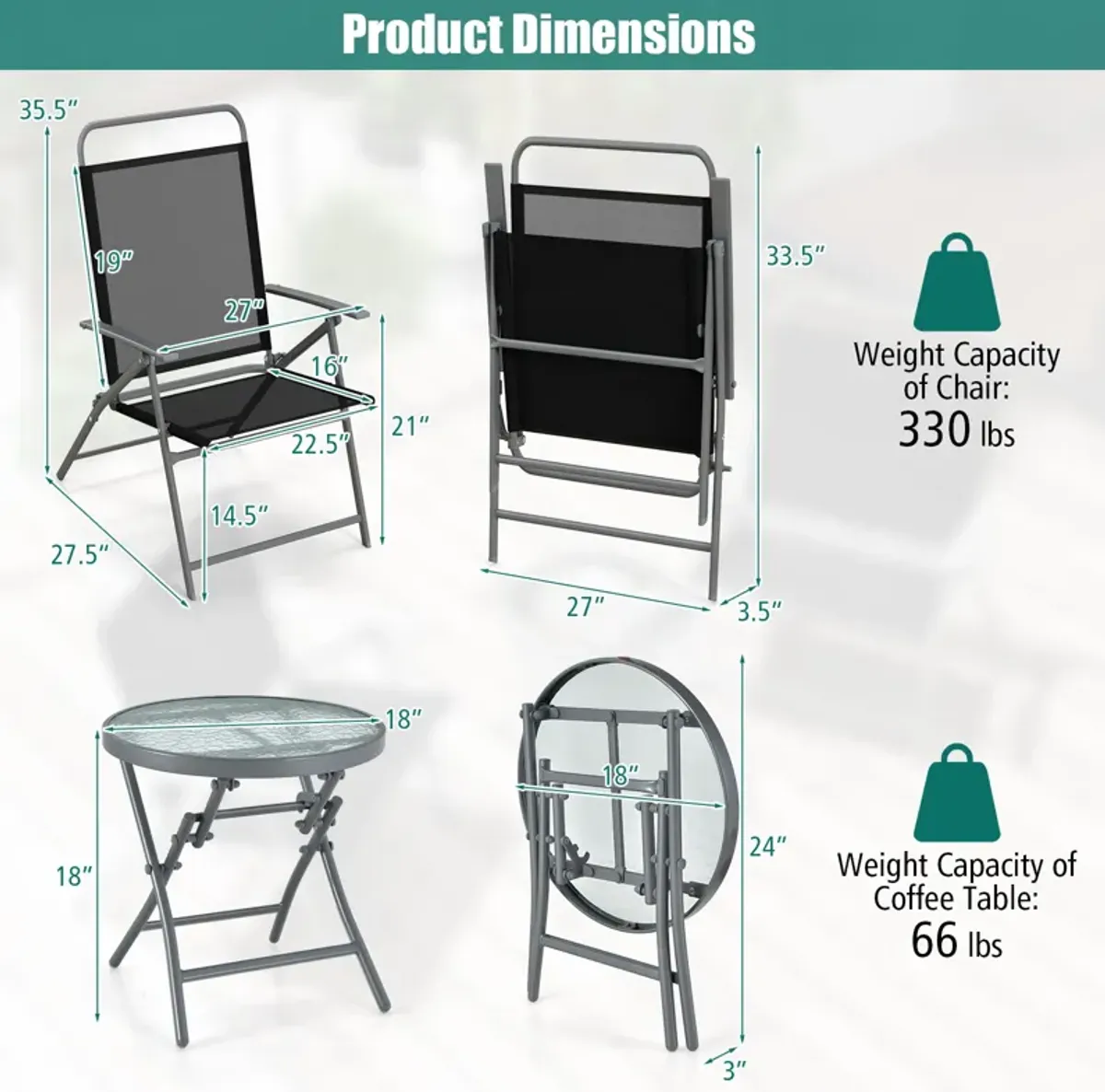 3 Pieces Patio Folding Chair Set Outdoor Metal Conversation Set