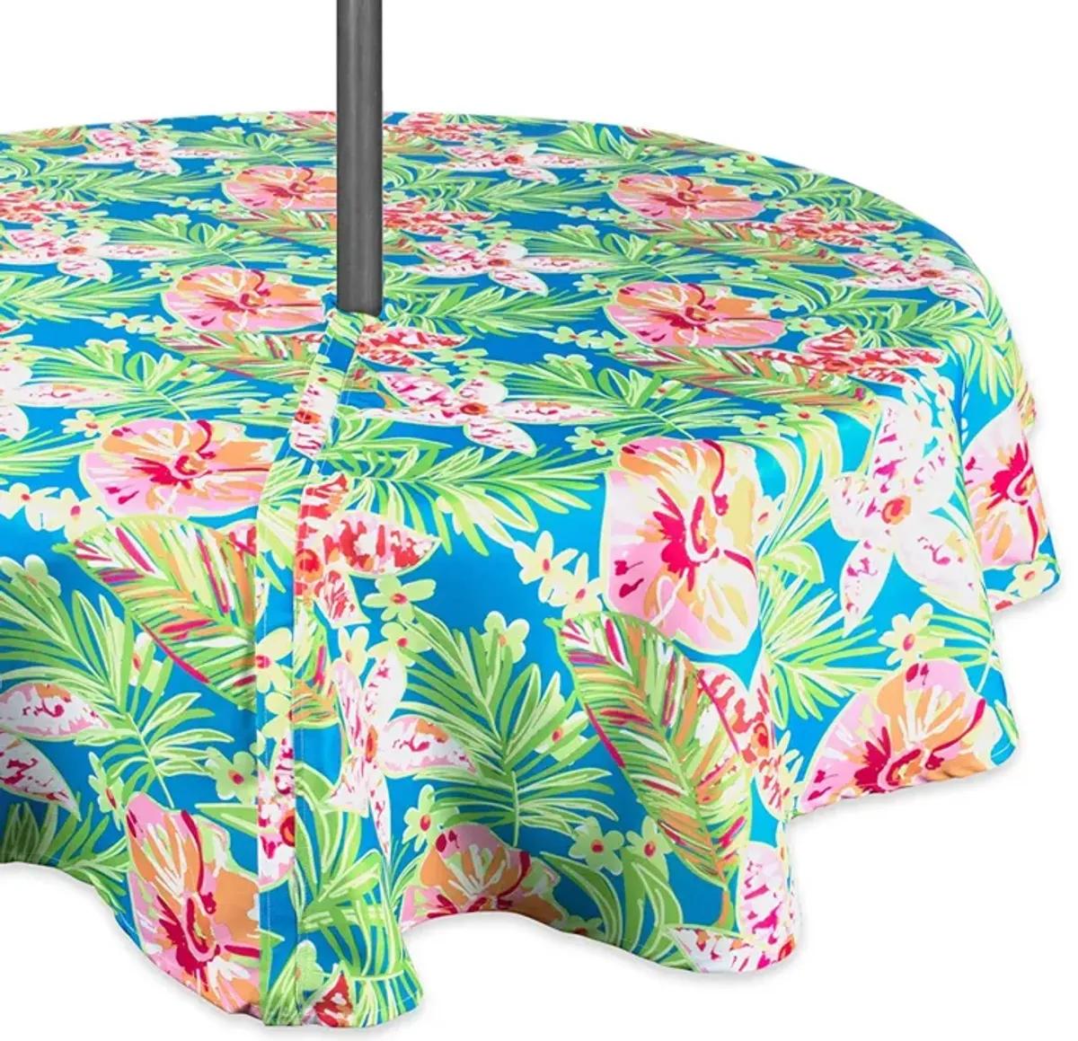 60" Green and Pink Floral Round Outdoor Tablecloth With Zipper