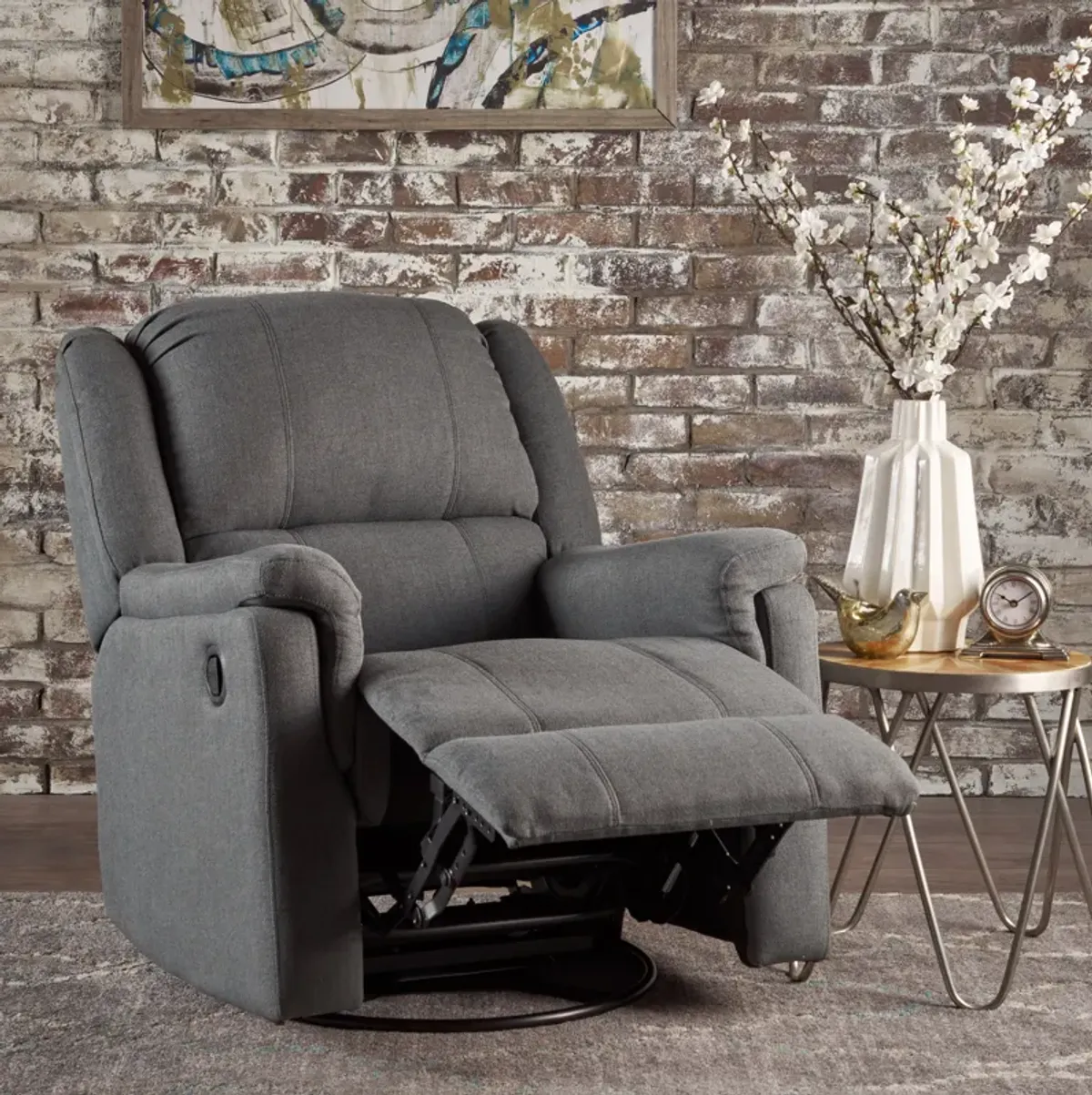 Contemporary Swivel Glider Recliner for Small Spaces in Charcoal Fabric