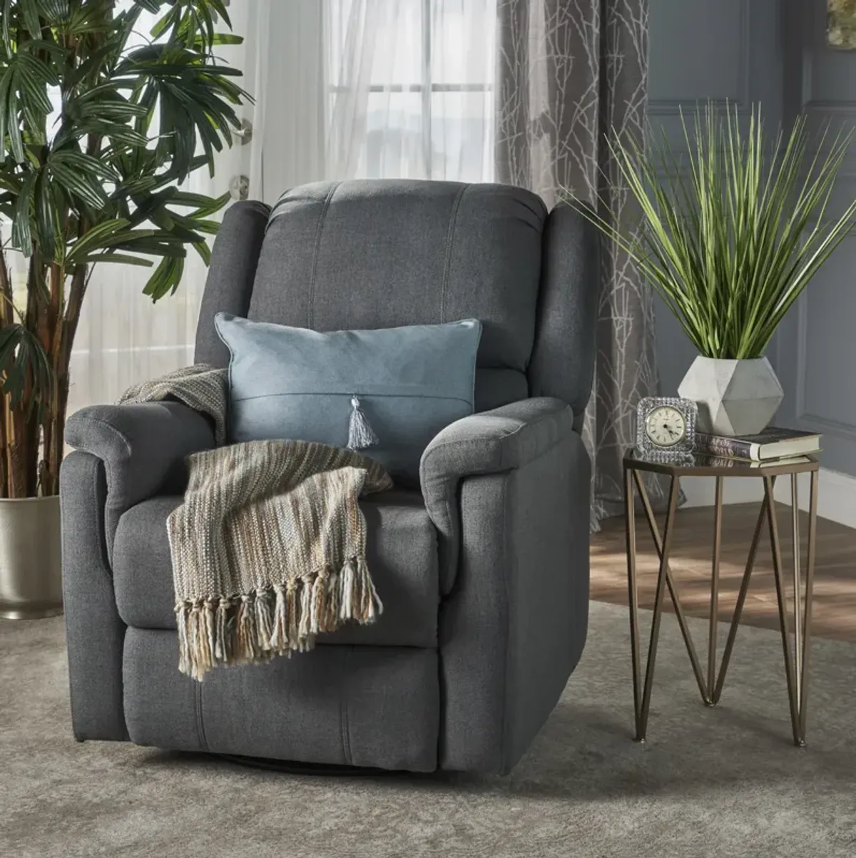 Contemporary Swivel Glider Recliner for Small Spaces in Charcoal Fabric