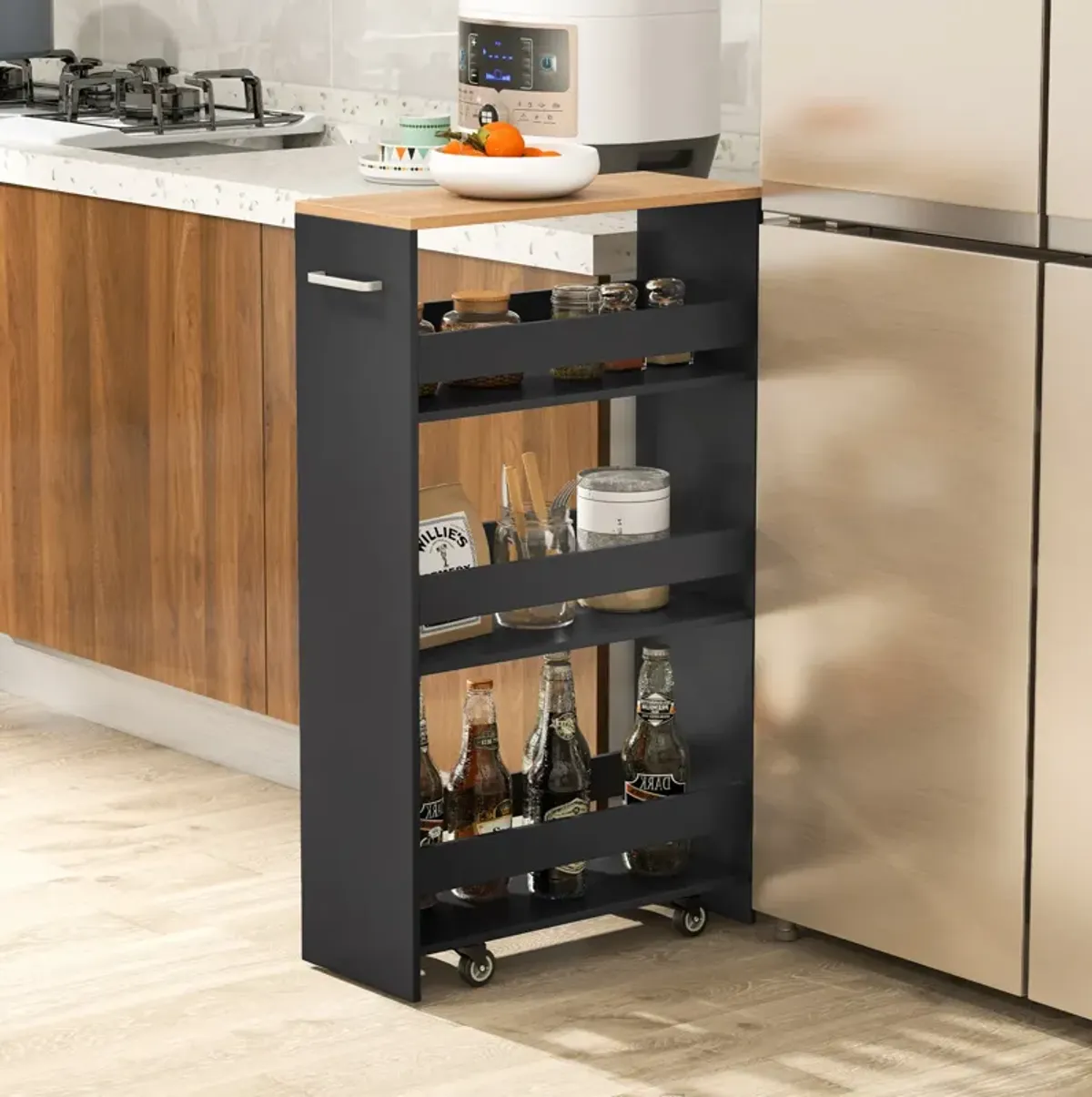 4-Tier Rolling Storage Cart with Wheels, Open Shelves, and Handle for Kitchen Organization